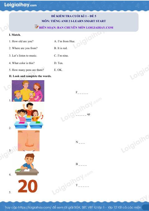 Đề thi học kì 1 Tiếng Anh 2 iLearn Smart Start - Đề số 5